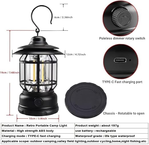 LED Camping Light, Type-c Rechargeable Outdoor Waterproof Torch